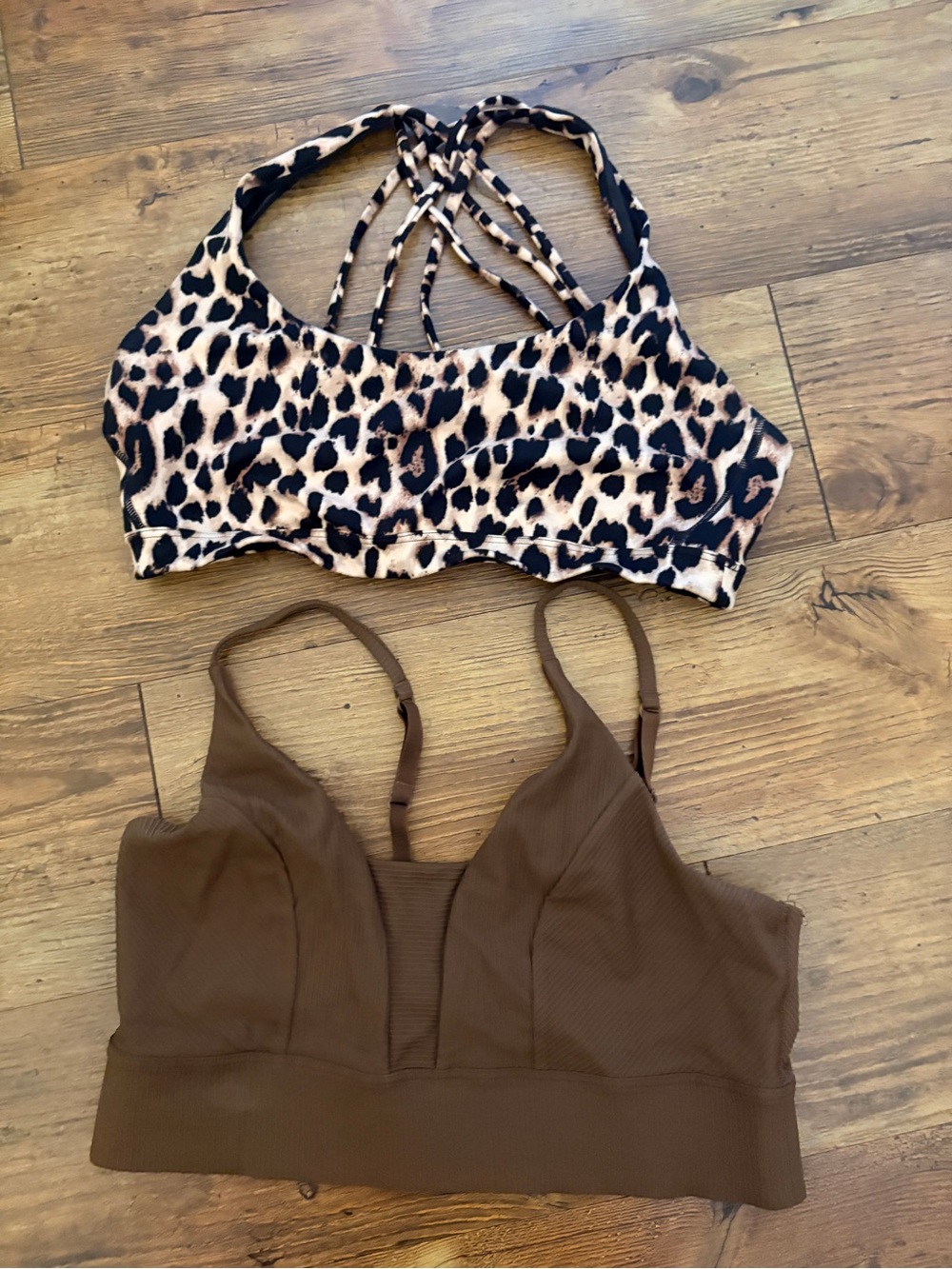 Workout Leopard Print Strappy Bralette + Brown Ribbed Bralette Set VS & Old Navy